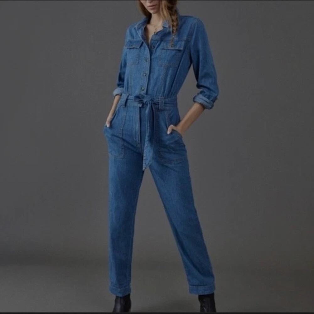 Anthropologie Pilcro & the Letterpress Denim Jumpsuit Womens Small Long Utility - Picture 2 of 12